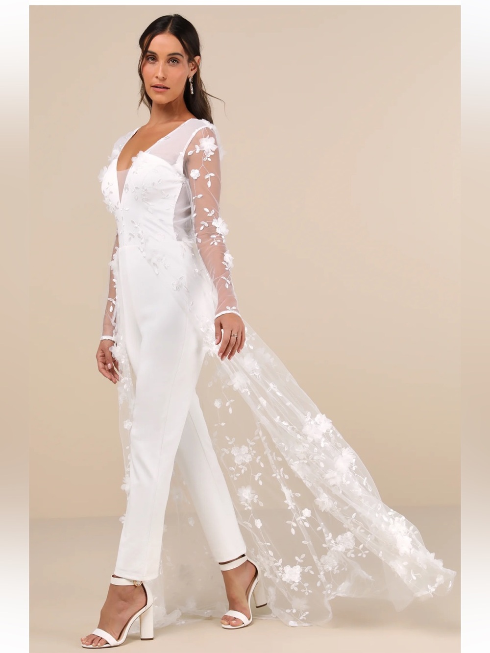 NWT Lulus Immaculate Favorite White Mesh Embroidered Cape Jumpsuit